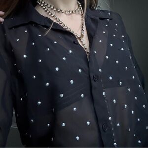 Nasty Gal sheer black button-up blouse with crystal details in perfect condition